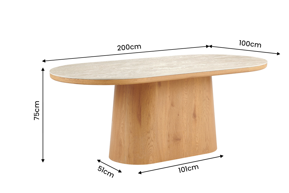 Dining table UNIQUE 200cm oval oak wood verneered w/ travertine top pedestal base