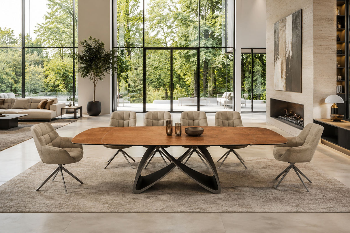 Dining table INFINITY 180-220-260cm boat-shaped extendable spanish ceramic rust brown
