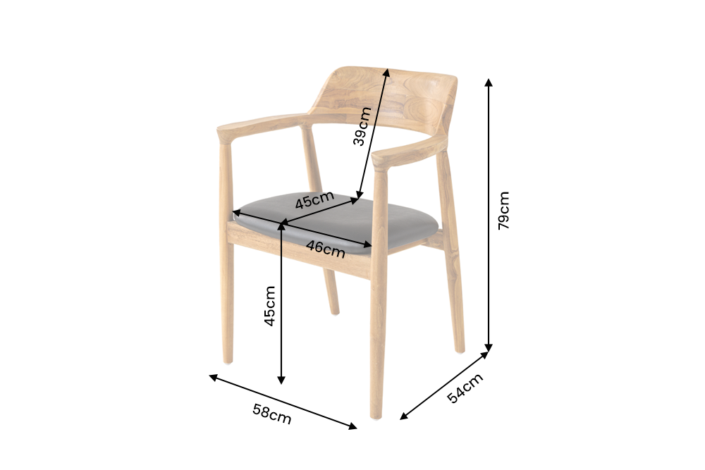 Chair KENNEDY w/ armrests artificial leather black and teak wood natural