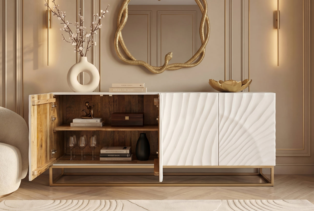 Sideboard SCORPION 180cm 3D Mangoholz weiß gold