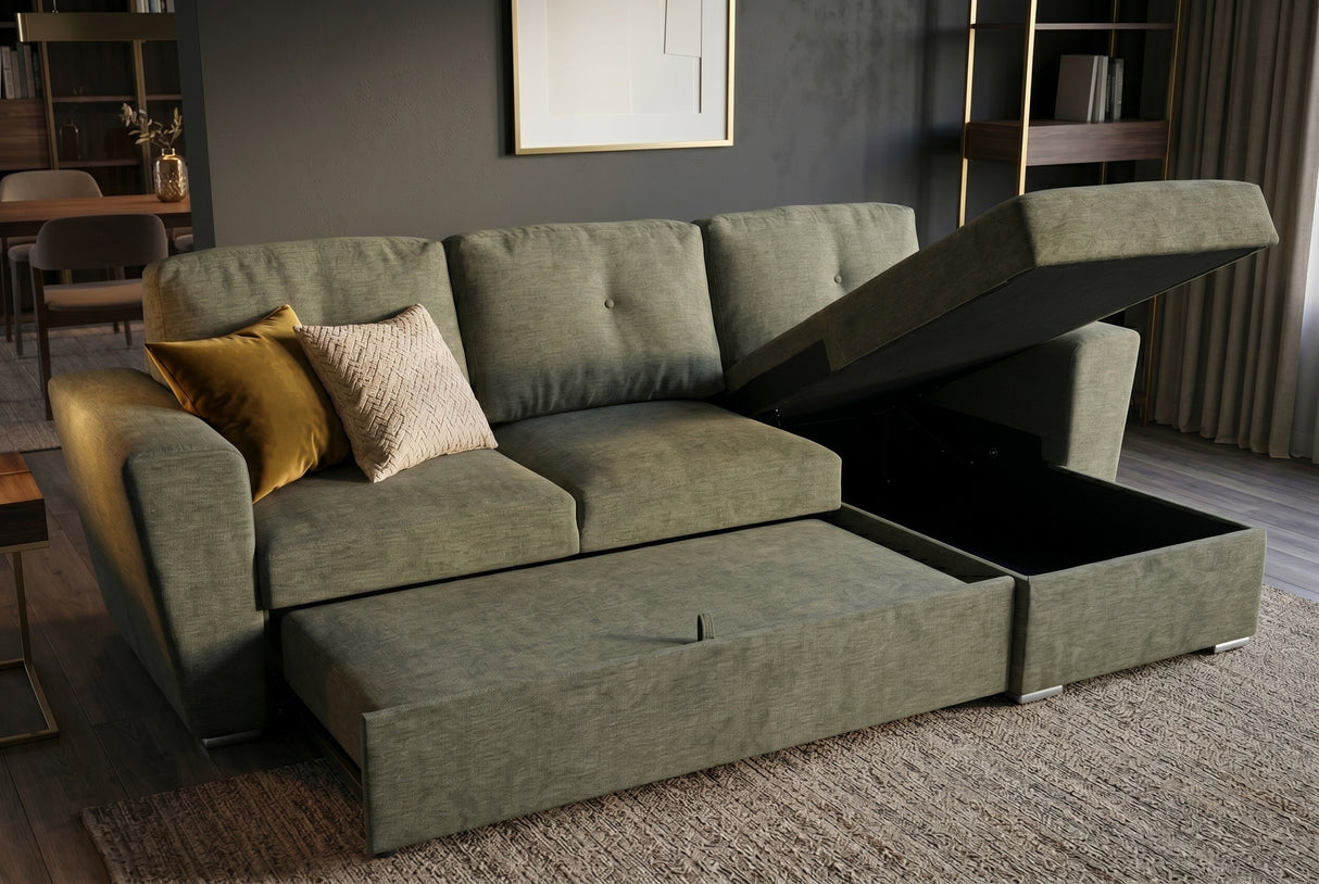 Sofa bed APARTMENT 245cm 3-seater w/ ottoman and storage space textured fabric green