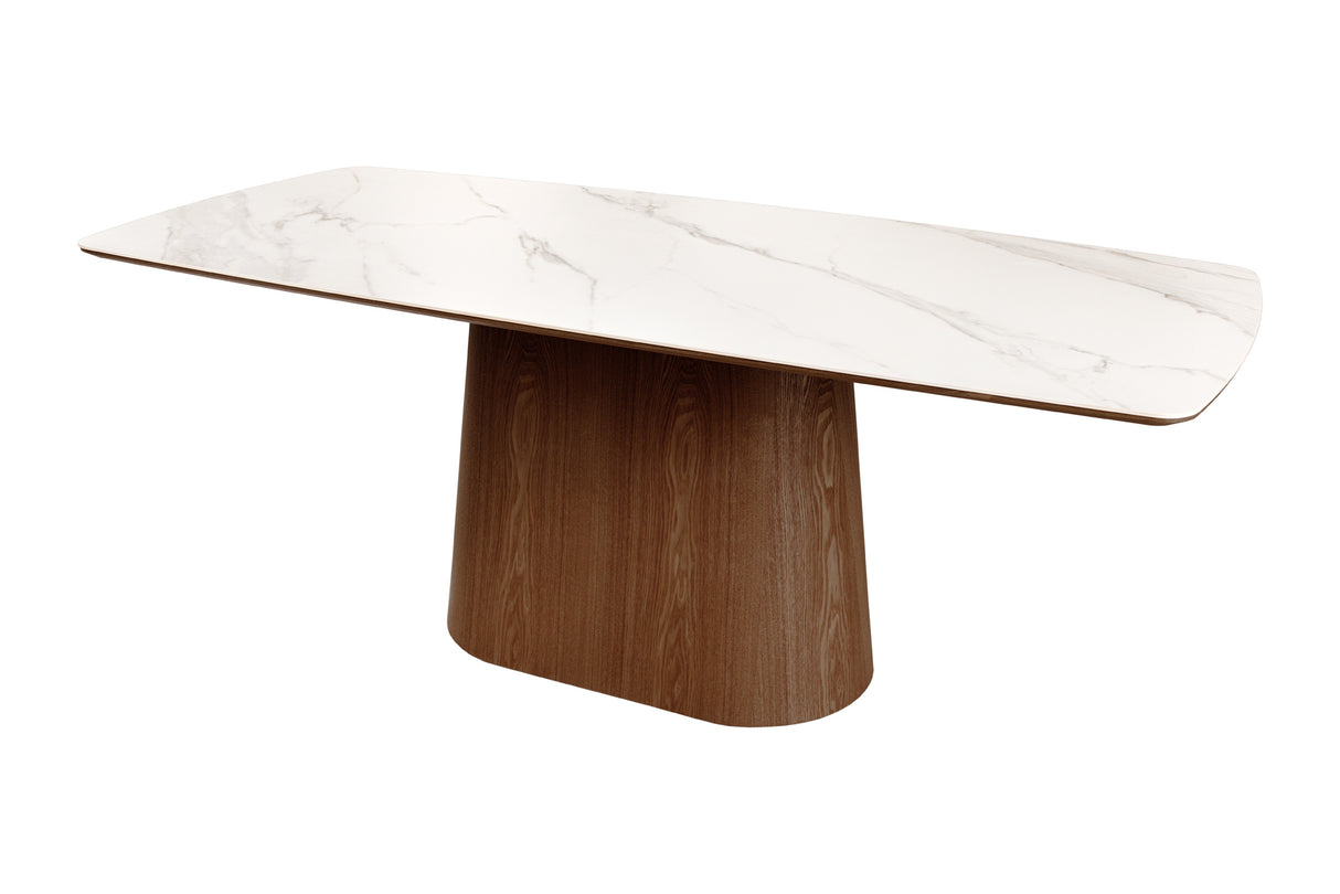 Dining table UNIQUE 200cm frame dark walnut wood veneered ceramic white marble top