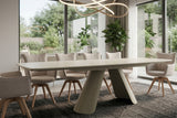 Dining table VOGUE 160-240cm extendable w/ metal frame travertine ceramic top champagne greige beige
