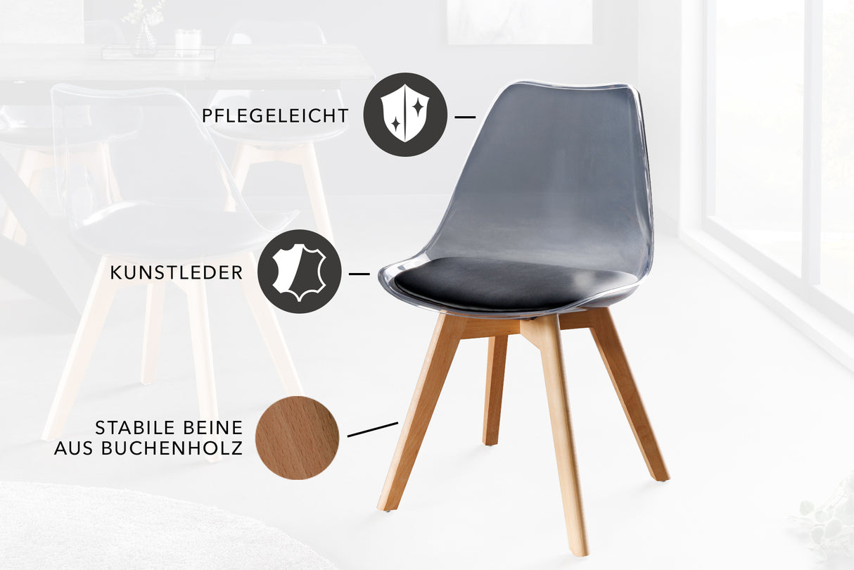 Chair SCANDINAVIA MEISTERSTÜCK beech wood legs transparent black artificial leather