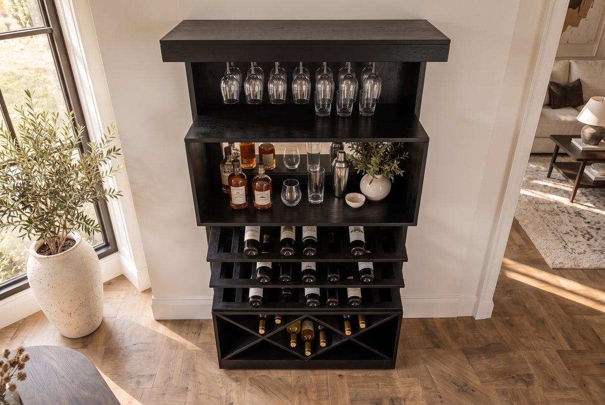 Bar cabinet SCORPION 160cm w/ mirror mango wood black