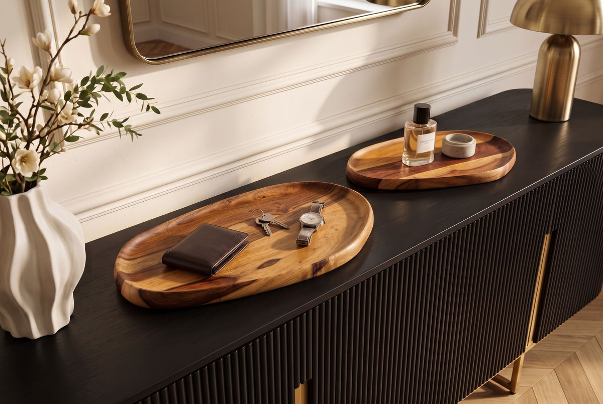Tablett-Set AMAZONAS 2-tlg. organische Form Sheesham-Holz braun Stone-Finish