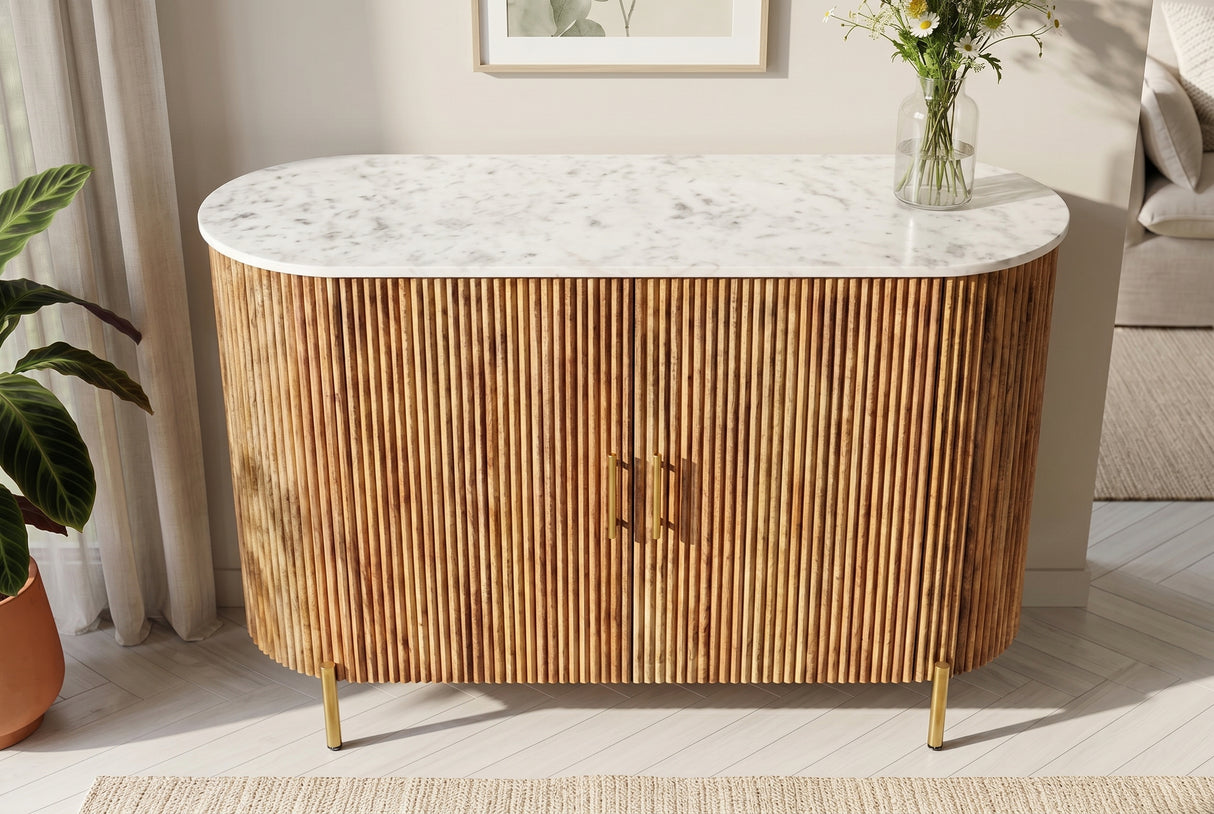 Sideboard TRES CHIC 105cm Mangoholz natur mit weißer Marmorplatte und goldenen Griffen
