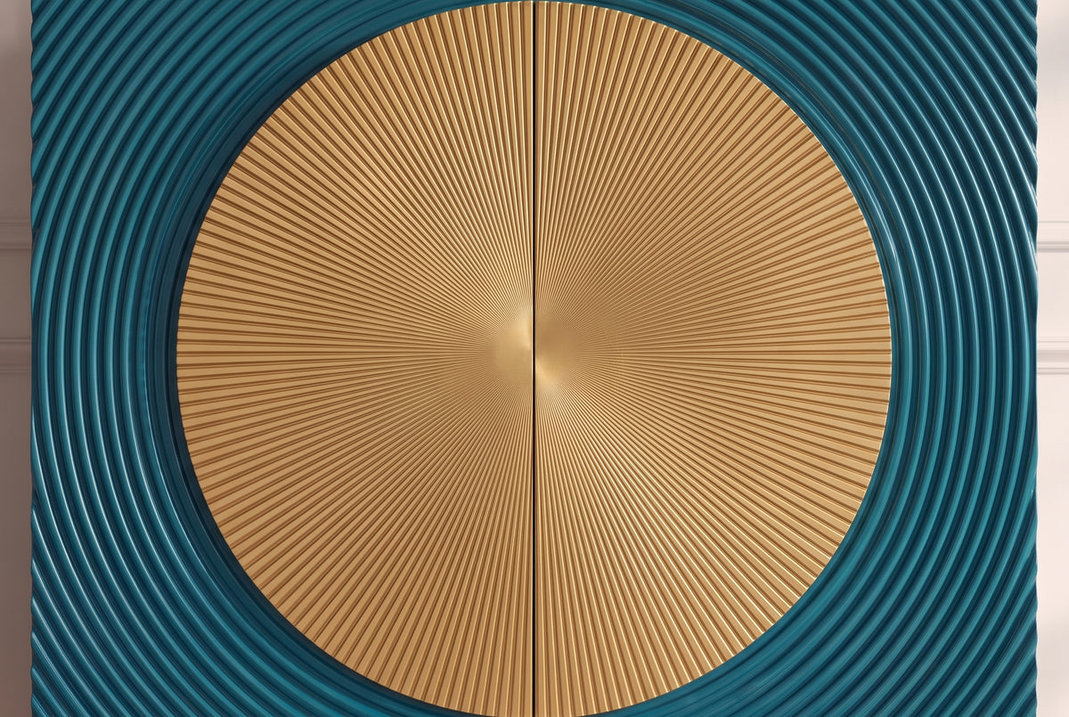 Highboard AURUM 120cm textured front gold circle accent mango wood turquoise gold metal feet