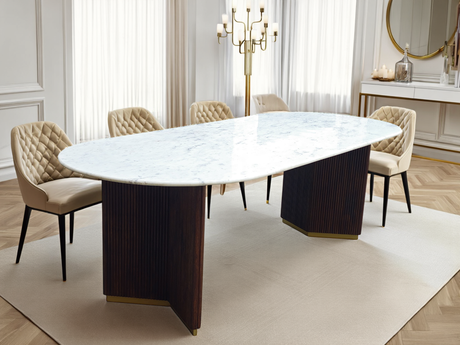 Dining table GATSBY 240cm oval mango wood v-shape frame marble top white
