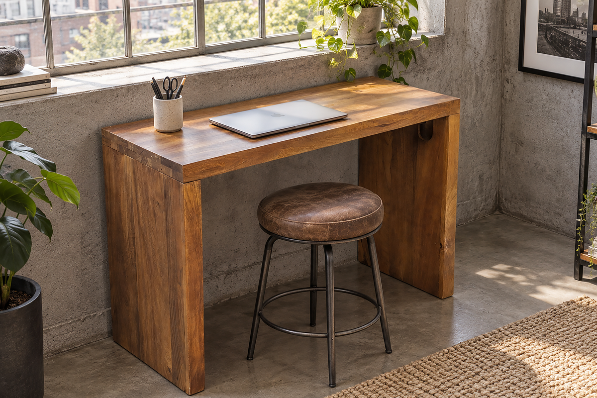Bürotisch Konsole MAKASSAR 100cm Mangoholz braun honigfarbenes Finish