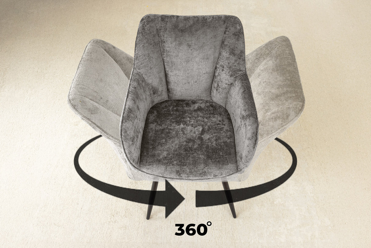 Drehstuhl AVIGNON 360° mit Armlehnen Chenillestoff grau und schwarze Beine