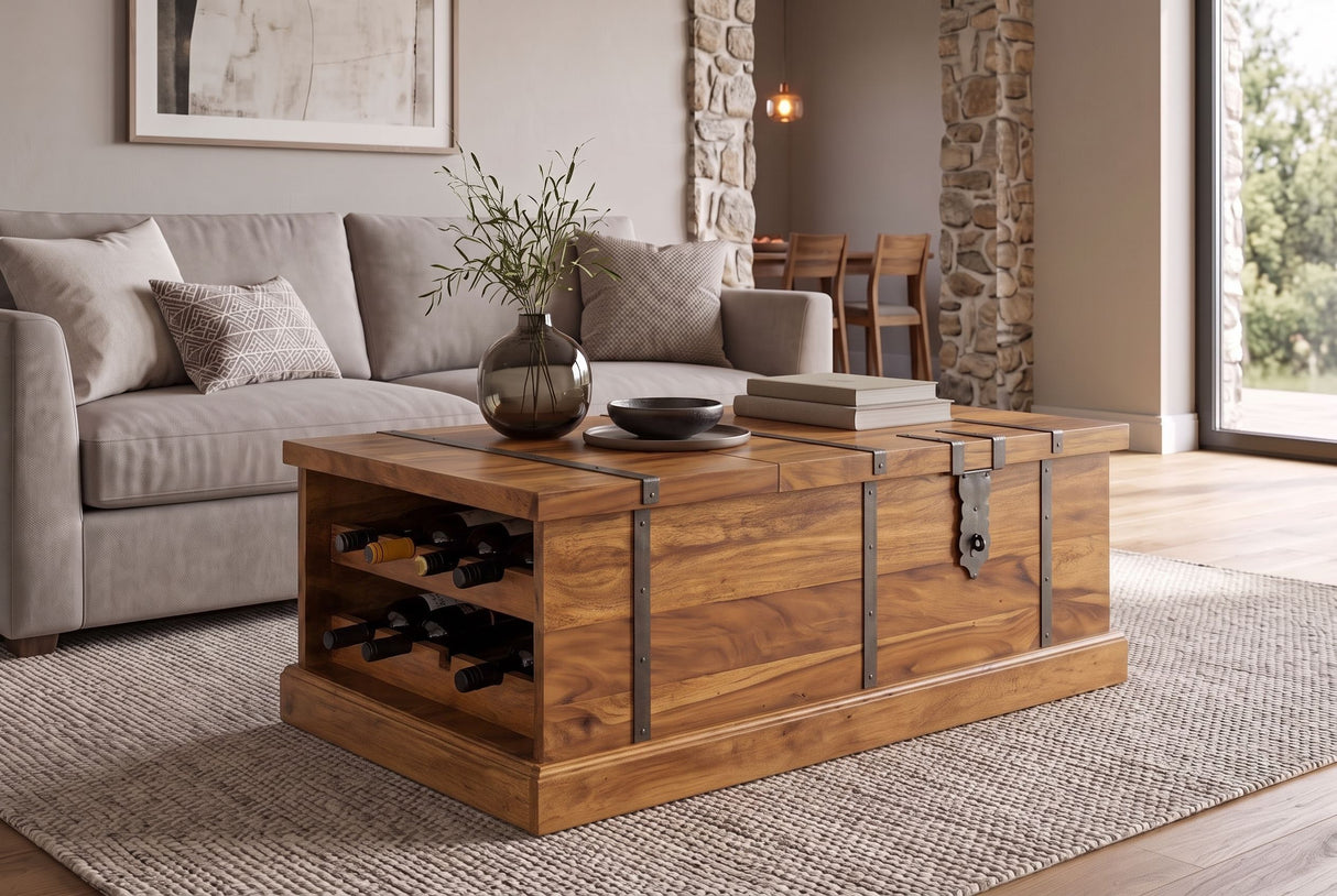 Coffee table BODEGA 100cm w/ wine shelf and storage space sheesham wood brown