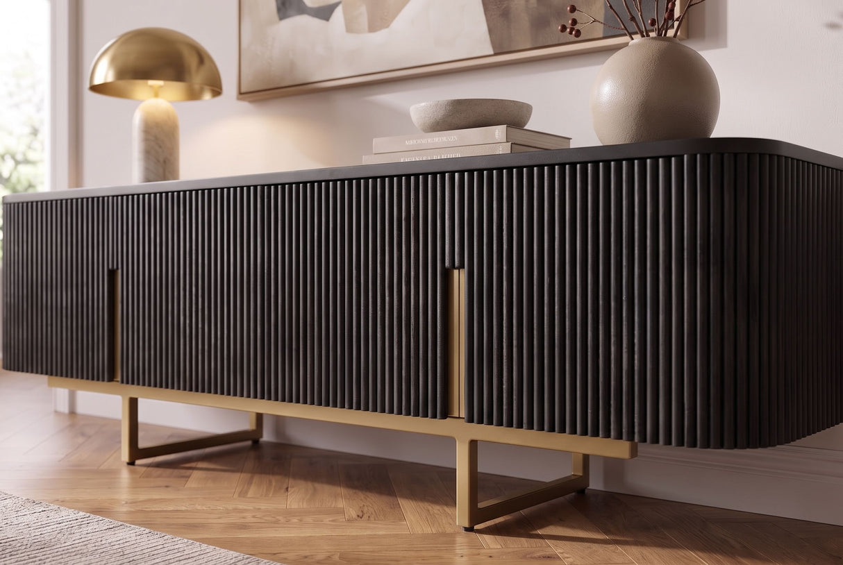 TV-Board GATSBY 160cm Retro Stil Mangoholz schwarz gold