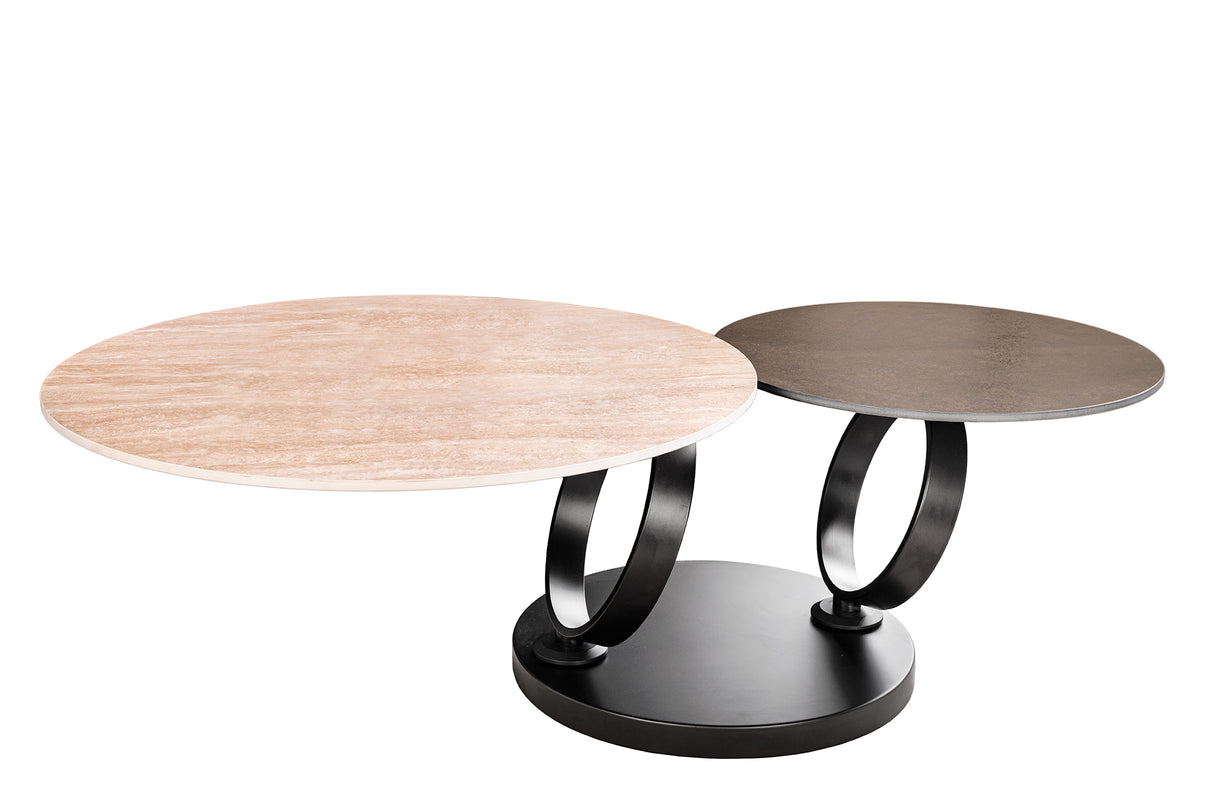 Couchtisch DANCING RINGS 80-135cm drehbare Keramikplatte Naturtravertin und Rostoptik