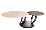 Couchtisch DANCING RINGS 80-135cm drehbare Keramikplatte Naturtravertin und Rostoptik