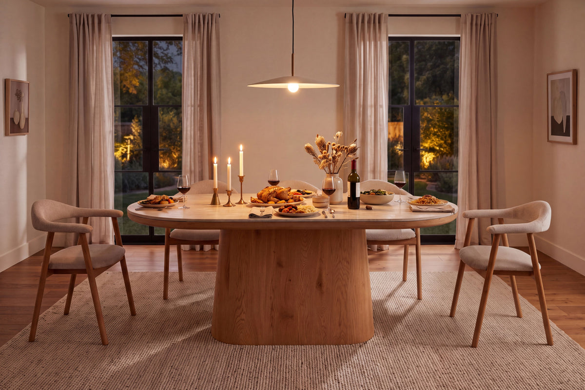 Dining table UNIQUE 200cm oval oak wood verneered w/ travertine top pedestal base