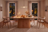 Dining table UNIQUE 200cm oval oak wood verneered w/ travertine top pedestal base