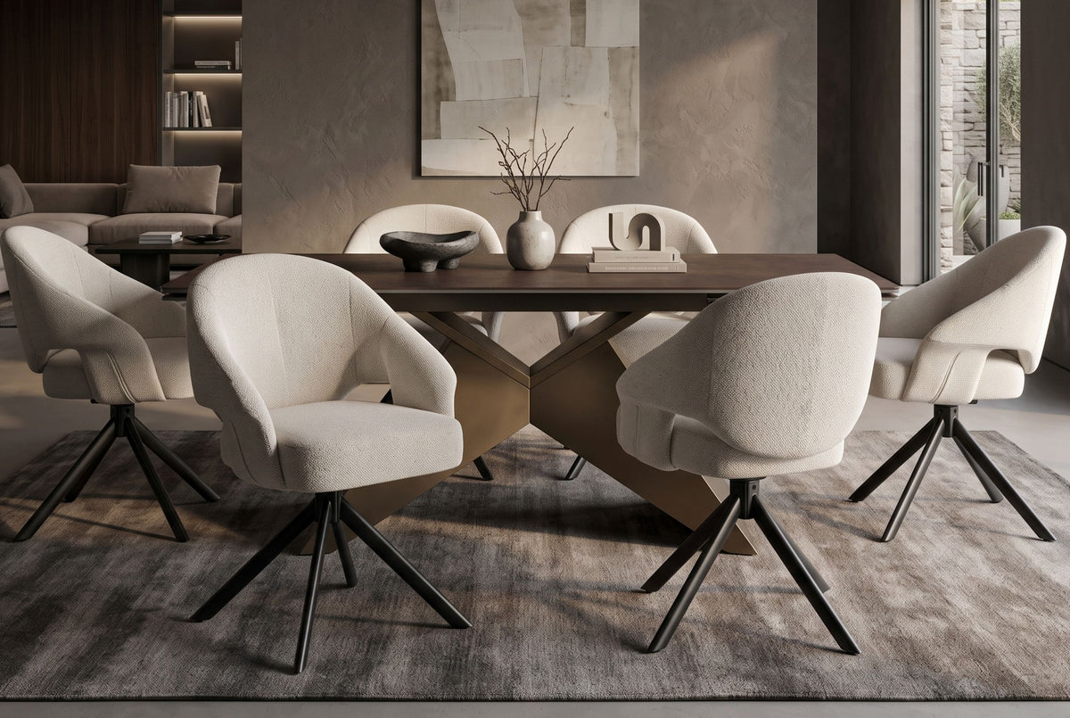 Drehstuhl BELLAGIO 180° Auto-Return-Funktion mit Armlehnen Rückenlehnenaussparungen Chenille beige Metallgestell schwarz