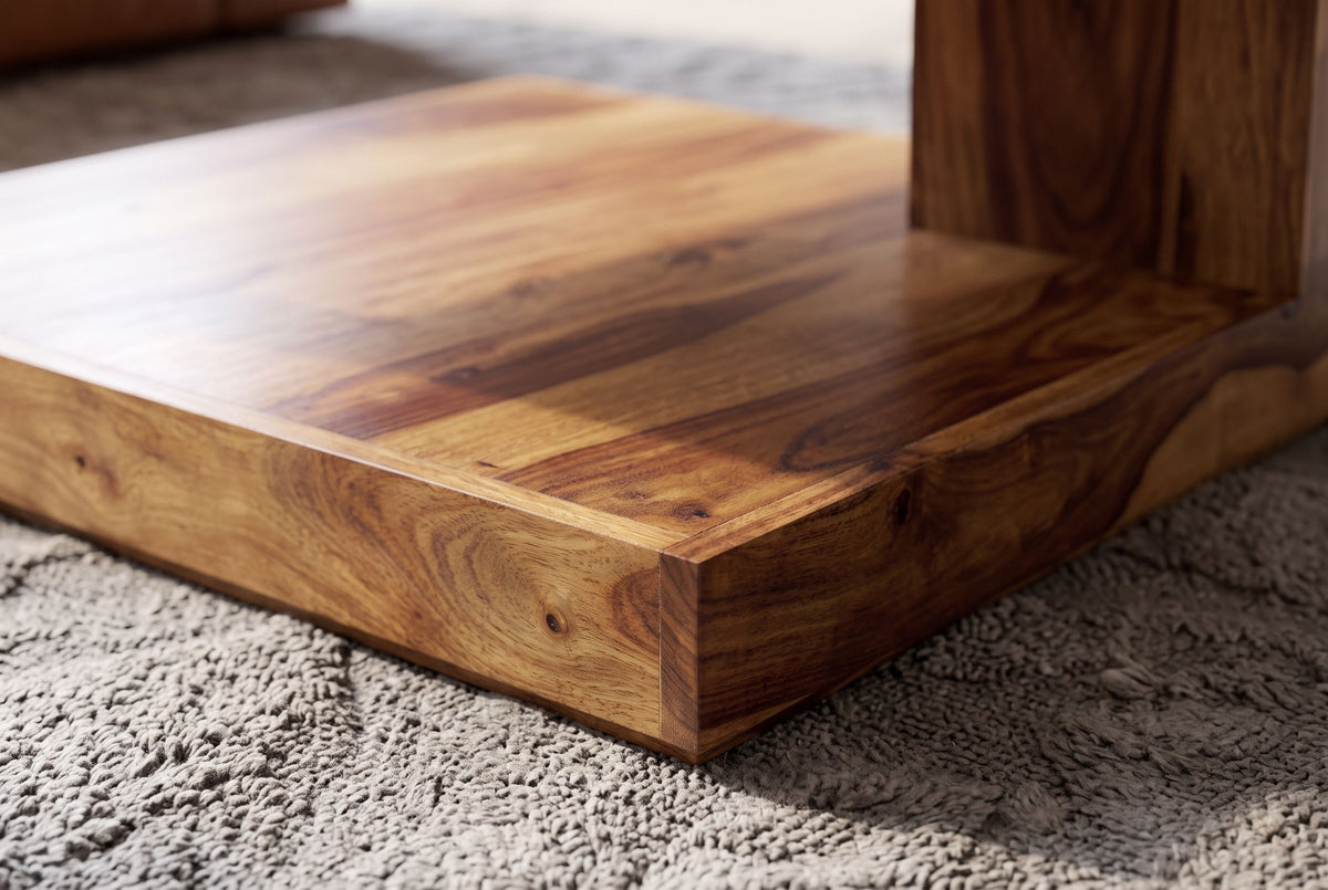 Coffee table GIANT L 80x80cm w/ open storage shelf sheesham wood natural stone finish