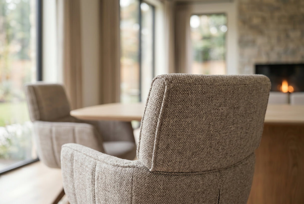 Swivel chair UNIQUE 180° auto-return w/ armrests textured fabric taupe beige brown