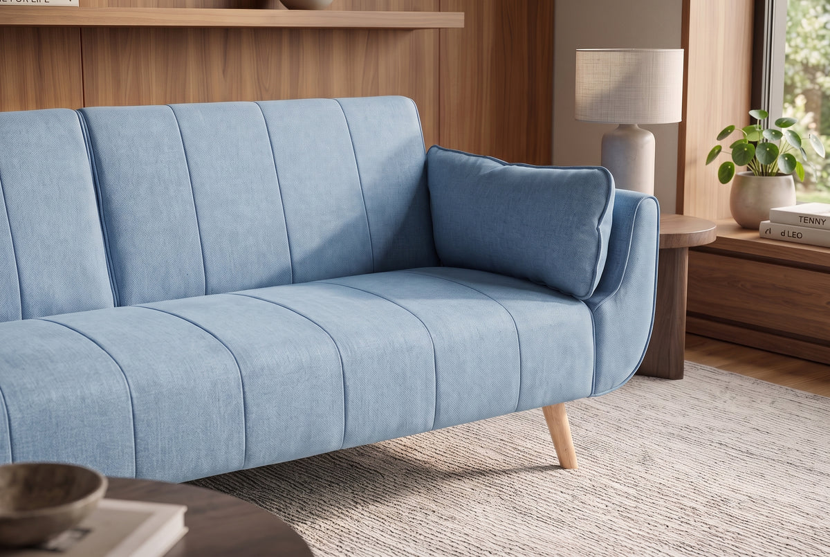 Schlafsofa DIVANI 220cm mit Armlehnenkissen Strukturstoff hellblau Holzfüße natur