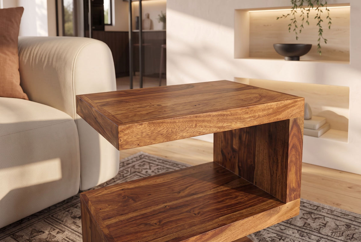 Side table S 60cm S-shape w/ open storage space sheesham wood brown stone finish