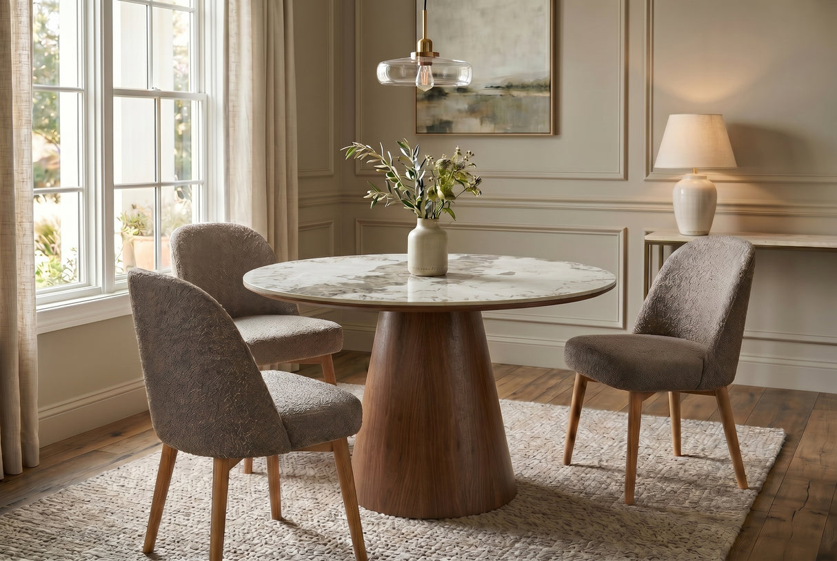 Dining table UNIQUE 120cm round oak wood verneered w/ pandora ceramic top white marble
