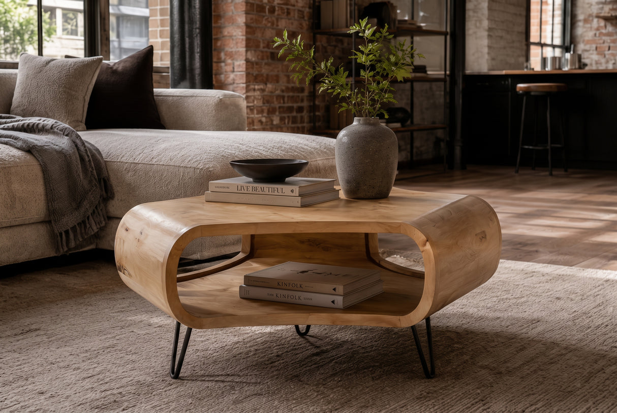 Coffee table ORGANIC LIVING 90cm w/ hairpin legs mango wood natural