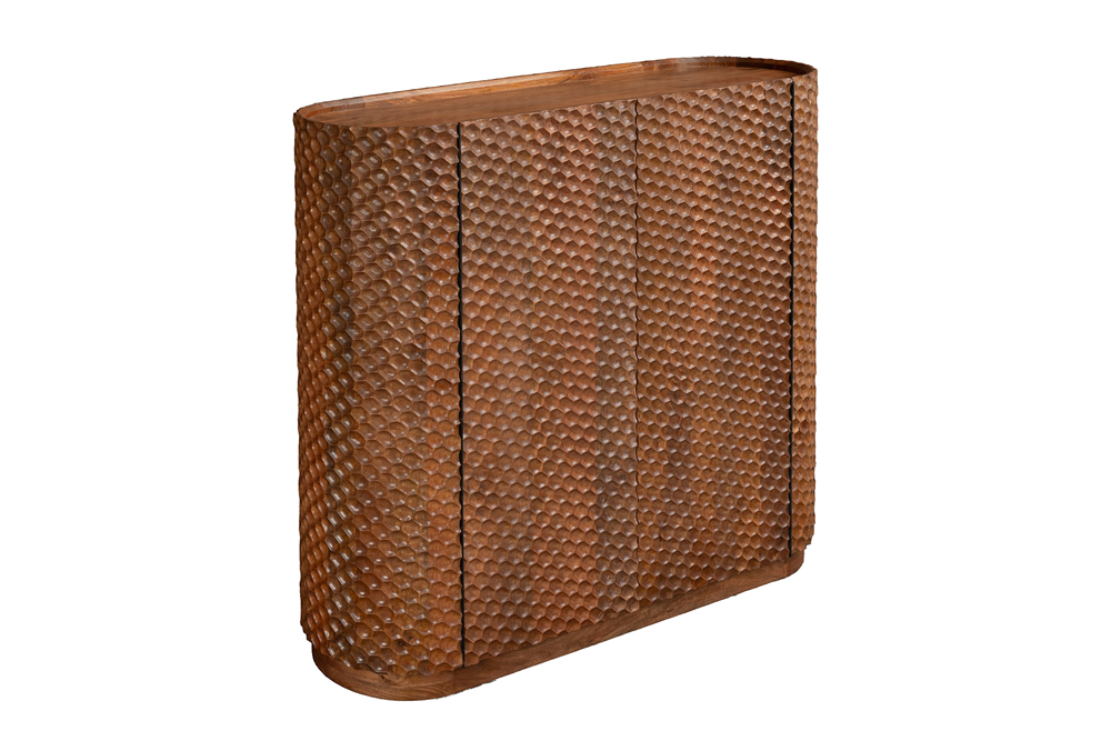 Bar cabinet ADLON 140cm 3D textured front rounded edges mango wood natural w/ wine rack