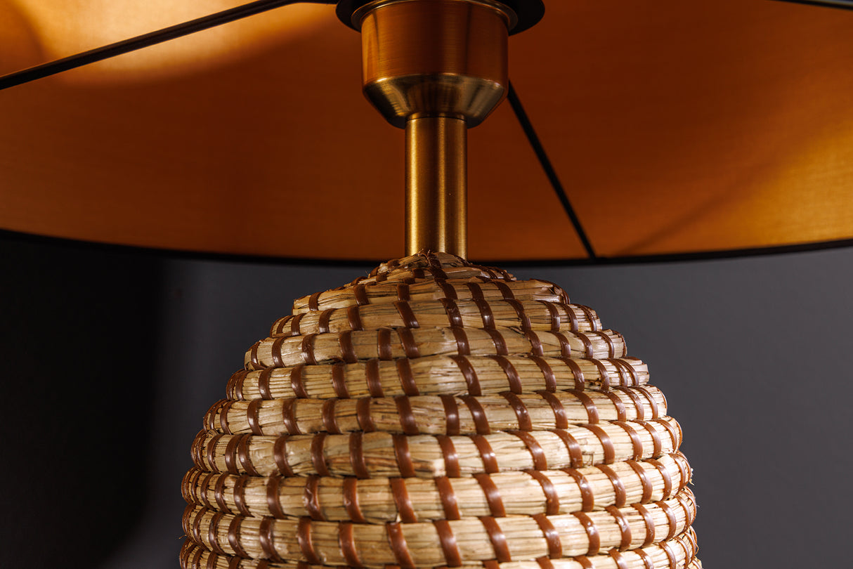 Tischleuchte ZEA 60cm Farbverlauf Seegras natur braun gold mit Lampenschirm grobes Leinen schwarz