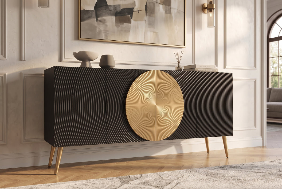 Sideboard AURUM 180cm textured front gold circle accent mango wood black gold metal feet
