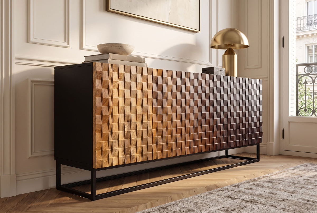 Sideboard SHADES 180cm 3D-Front Mangoholz mehrfarbig braun mit schwarzem Metallgestell
