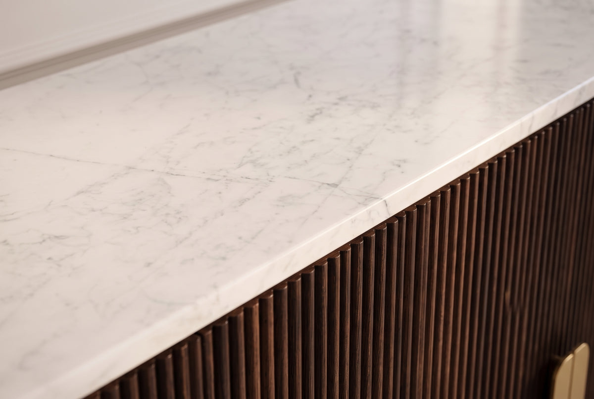 Sideboard GATSBY 170cm mango wood brown w/ white marble top fluted front gold metal details