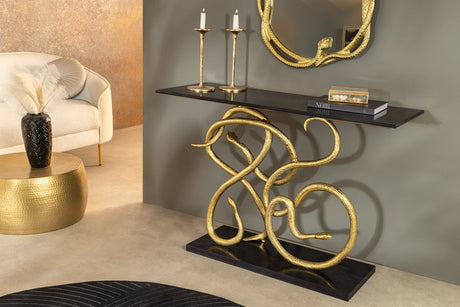 Konsole WILDLIFE SNAKE 115cm goldener Rahmen mit schwarzem Marmorsockel und -platte