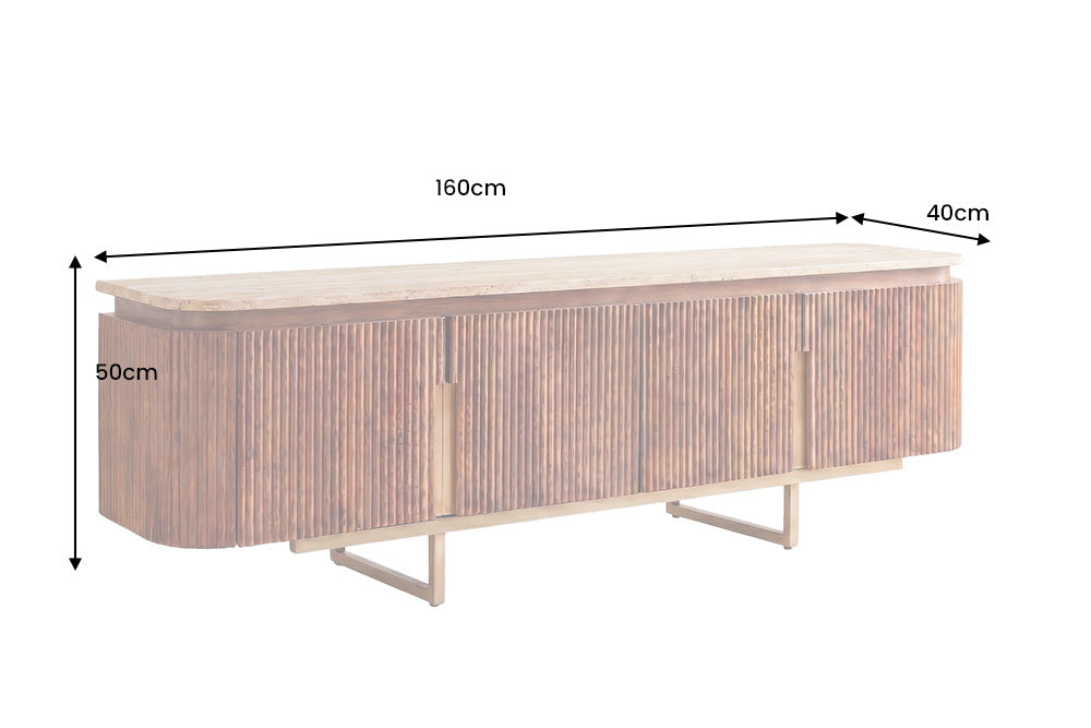 TV-Board GATSBY 160cm retro style mango wood travertine top brown gold