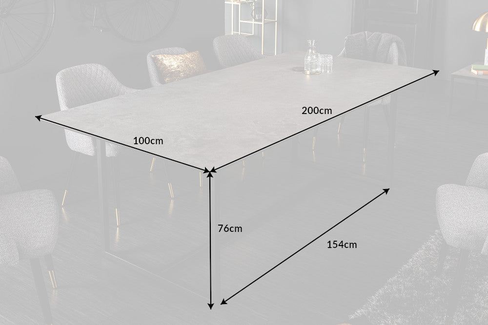 Esstisch SYMBIOSE 200cm Zementoptik Keramik mit gehärtetem Glas