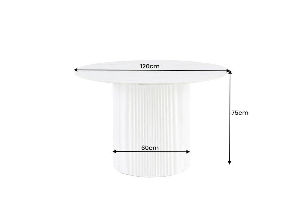 Dining table UNIQUE 120cm round white frame ceramic white marble top