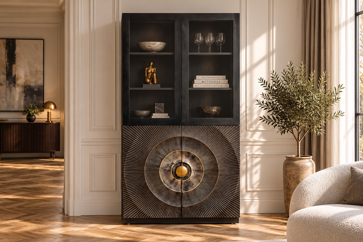 Highboard GOLDEN SUNSET 180cm 3D w/ glass doors mango wood black gold