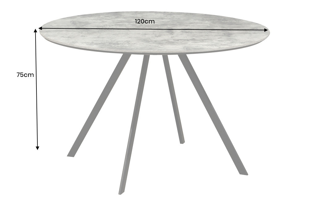 Esstisch ATELIER 120cm rund, graue Steinoptik mit schwarzen Metallbeinen