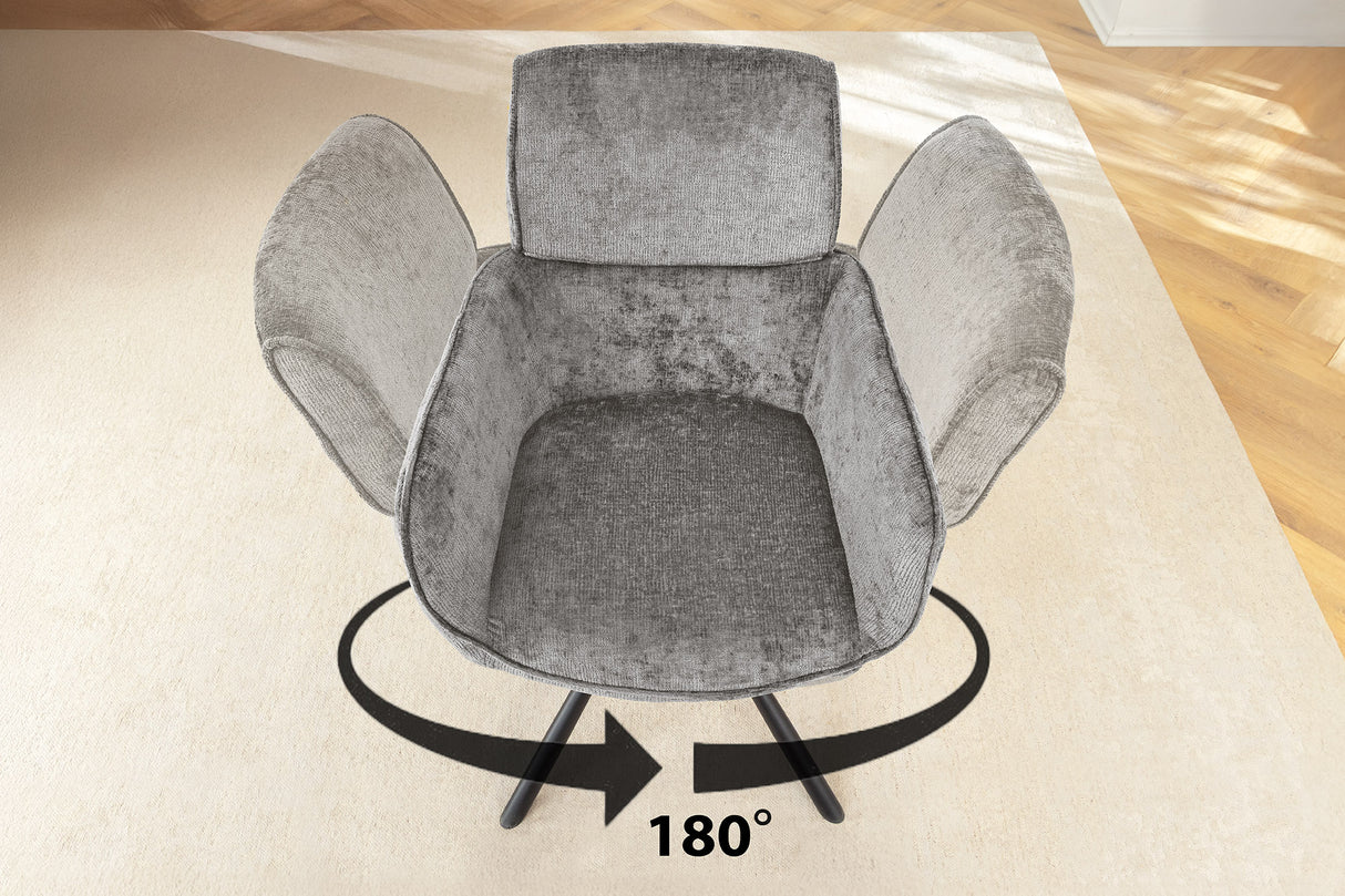 Swivel chair UNIQUE 180° w/ armrests chenille fabric grey and black legs