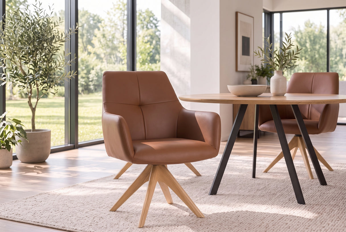 Swivel chair ALMARA 360° auto-return w/ armrests pocket spring core leather cognac brown
