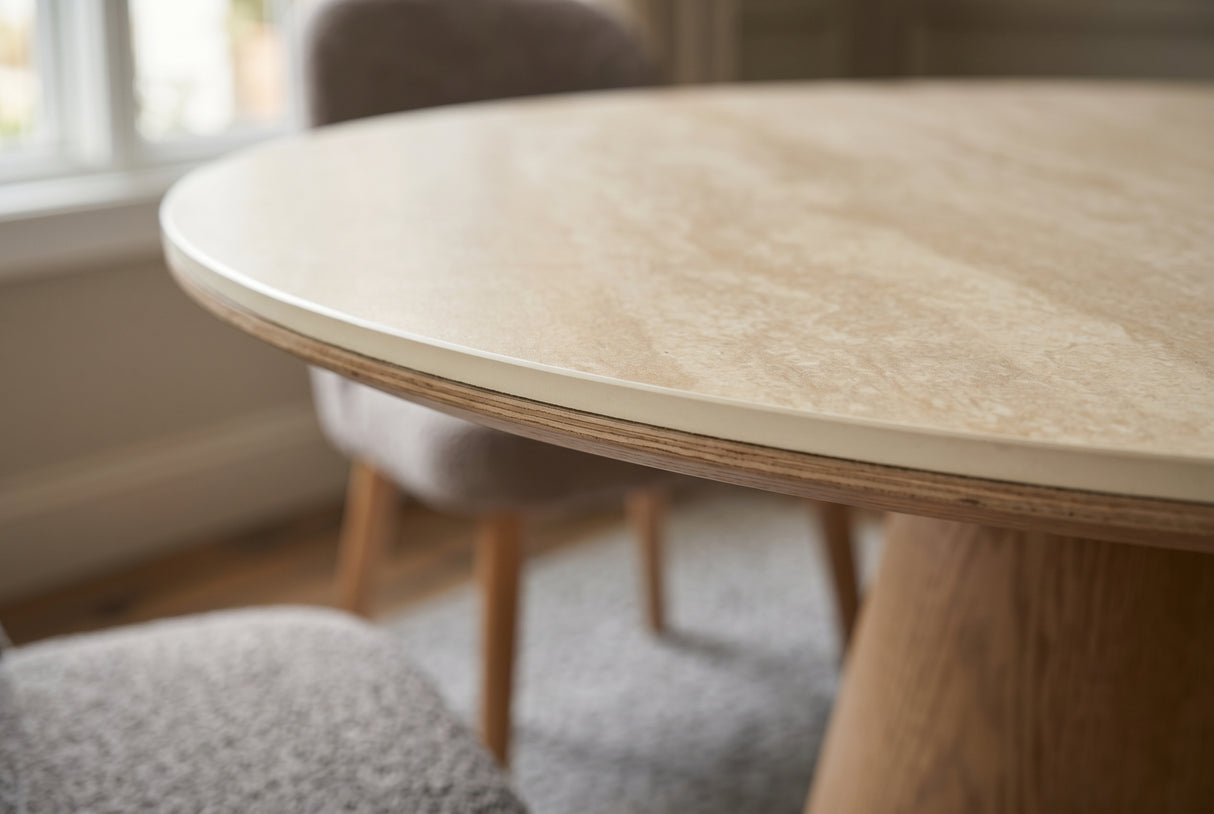 Dining table UNIQUE 120cm round oak wood verneered w/ ceramic top travertine stone