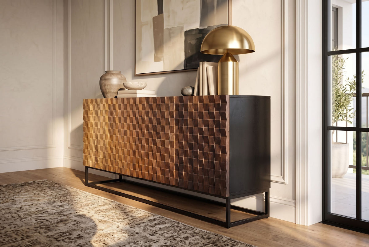 Sideboard SHADES 180cm 3D-Front Mangoholz mehrfarbig braun mit schwarzem Metallgestell