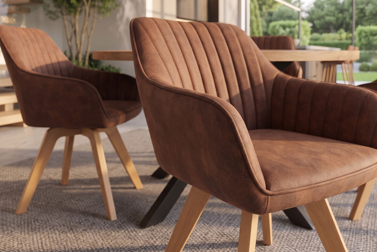 Swivel chair LIVORNO 180° auto-return w/ armrests microfibre vintage brown beech wood frame