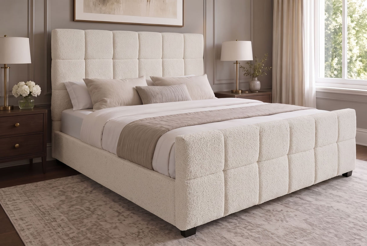 Bett PRESTIGE 180x200cm Bouclé cremefarben mit Stauraum