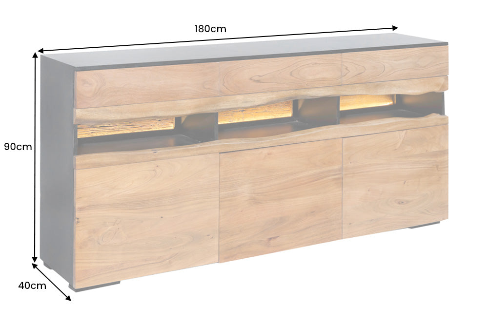 Sideboard GRAND ACACIA 180 cm Akazienholz, naturbelassene Kante, mit LED-Beleuchtung