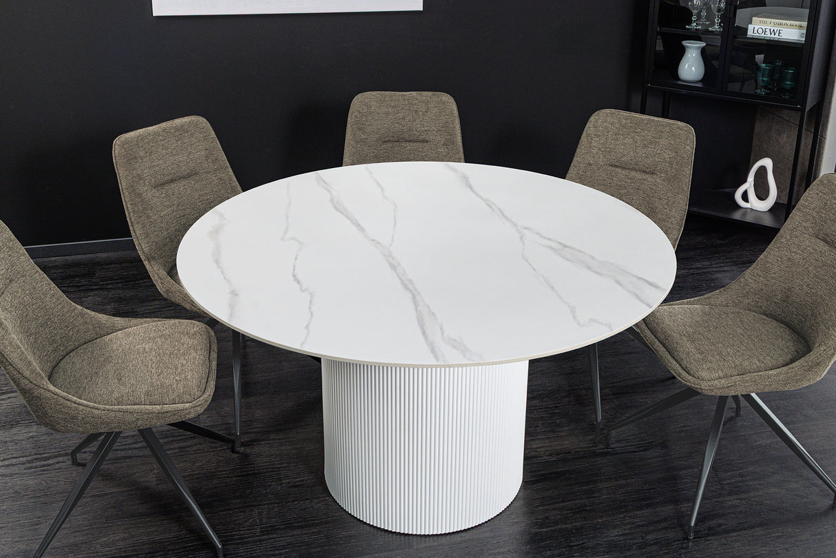 Dining table UNIQUE 120cm round white frame ceramic white marble top