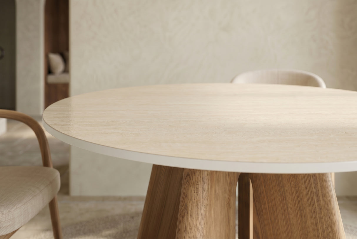 Dining table ORGANIKO 120cm round natural travertine top w/ oak wood look frame