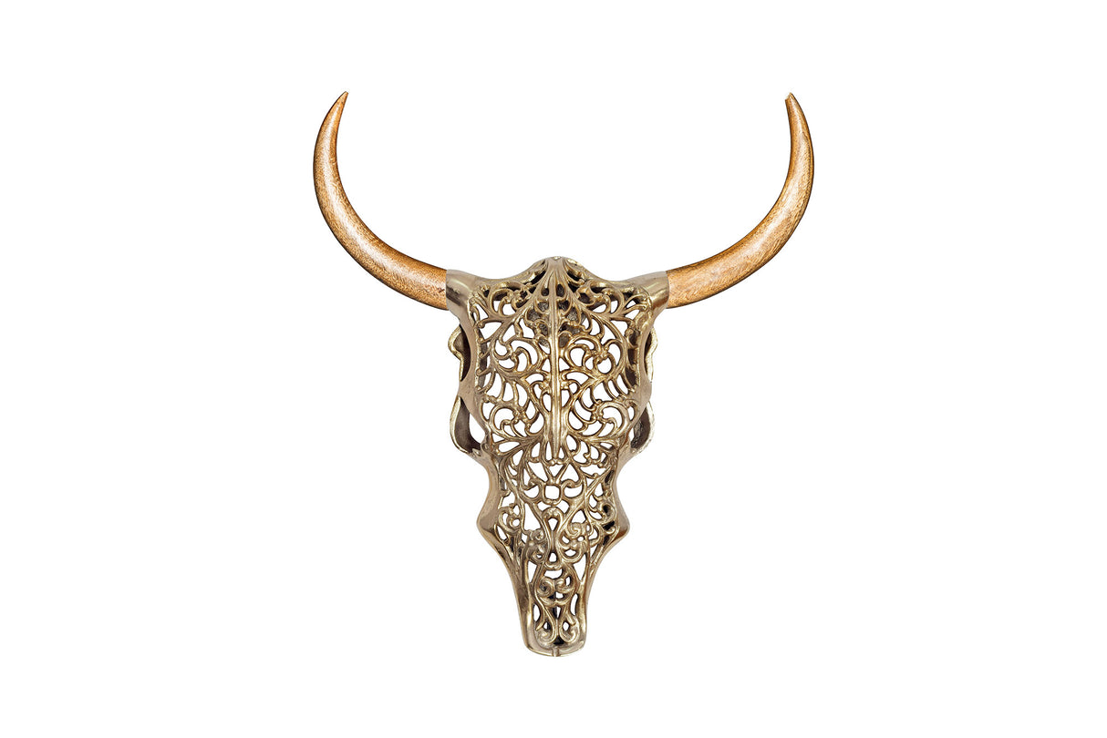 Wanddekoration EXOTIC BULL 60cm Mangoholz und Metall naturgold handgefertigt