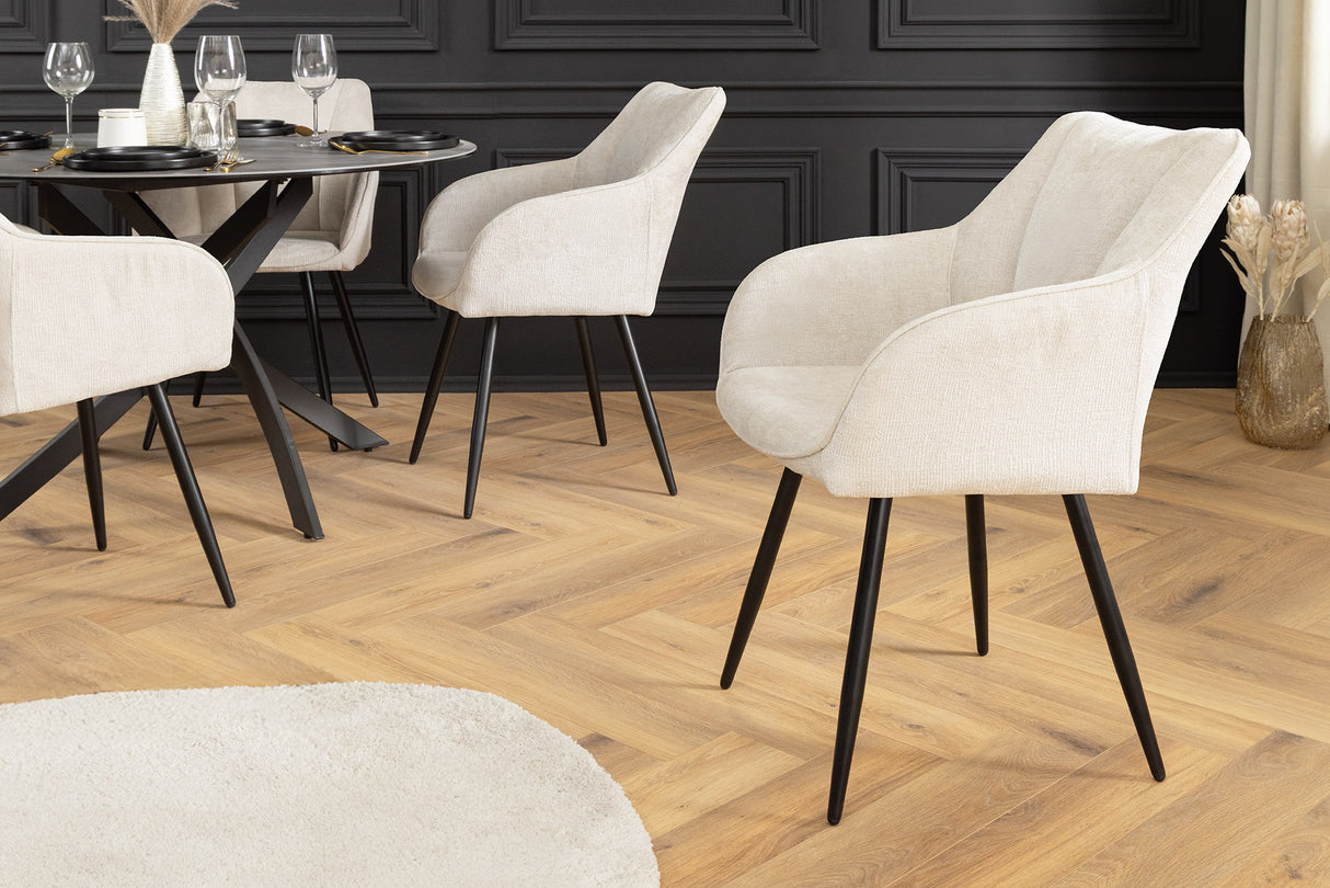 Swivel chair AVIGNON 360° w/ armrests chenille fabric champagne beige and black legs